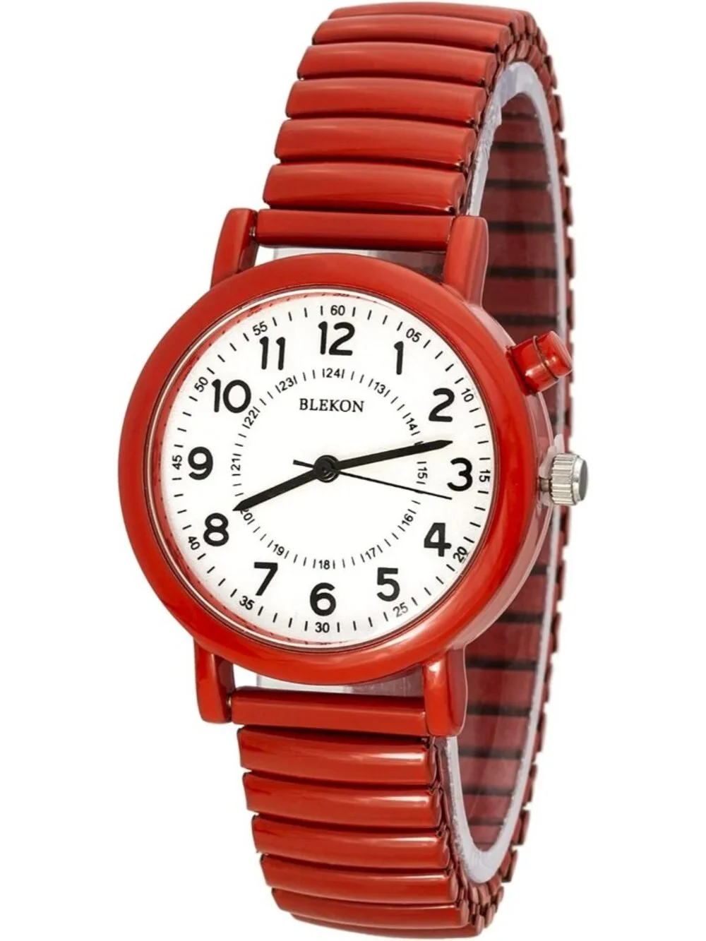 Women's Red Light Up Dial Analog Display Push Button Glossy Expansion Band Watch